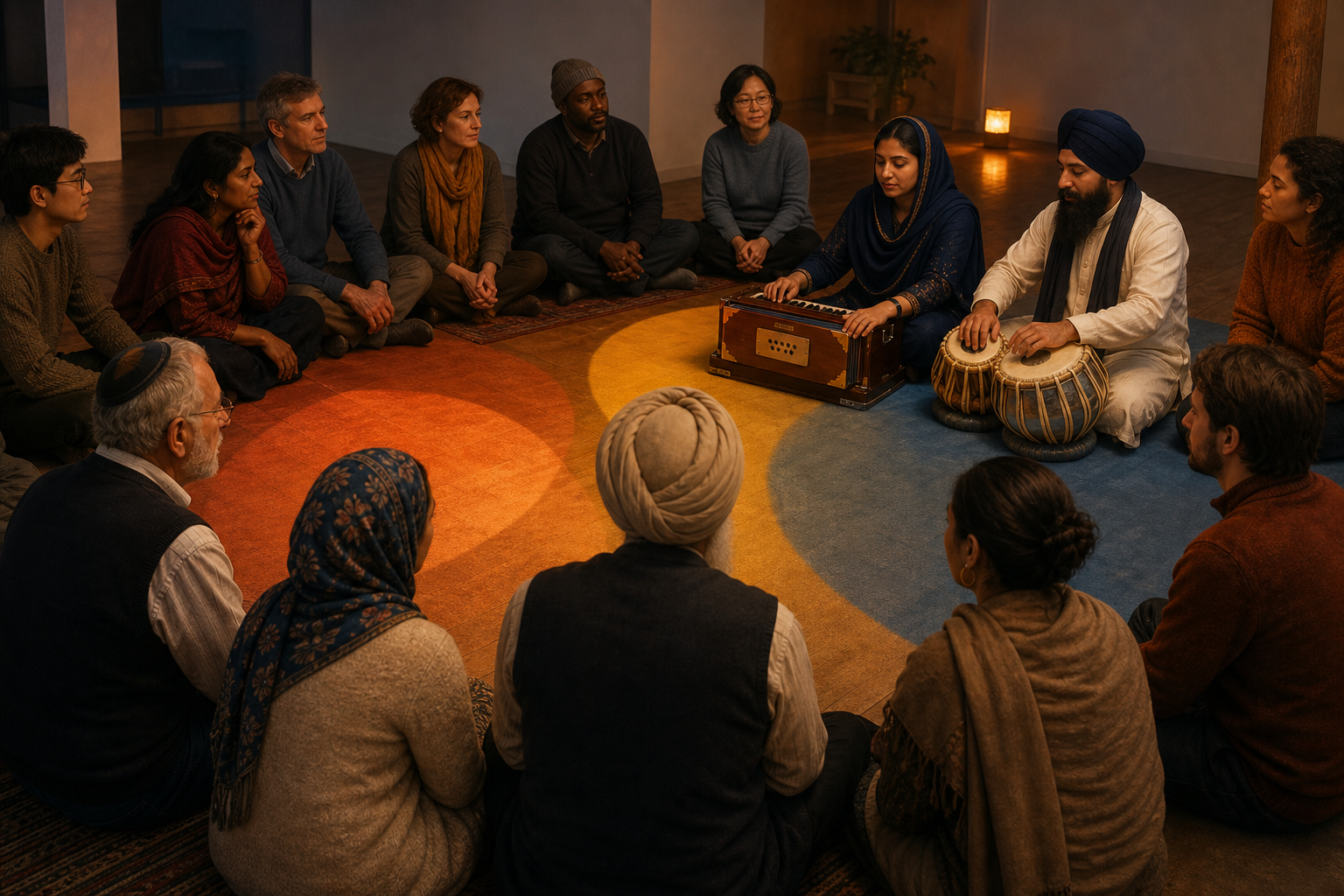 A diverse circle of adults listens to Sikh musicians, with overlapping pools of colored light meeting at the center.