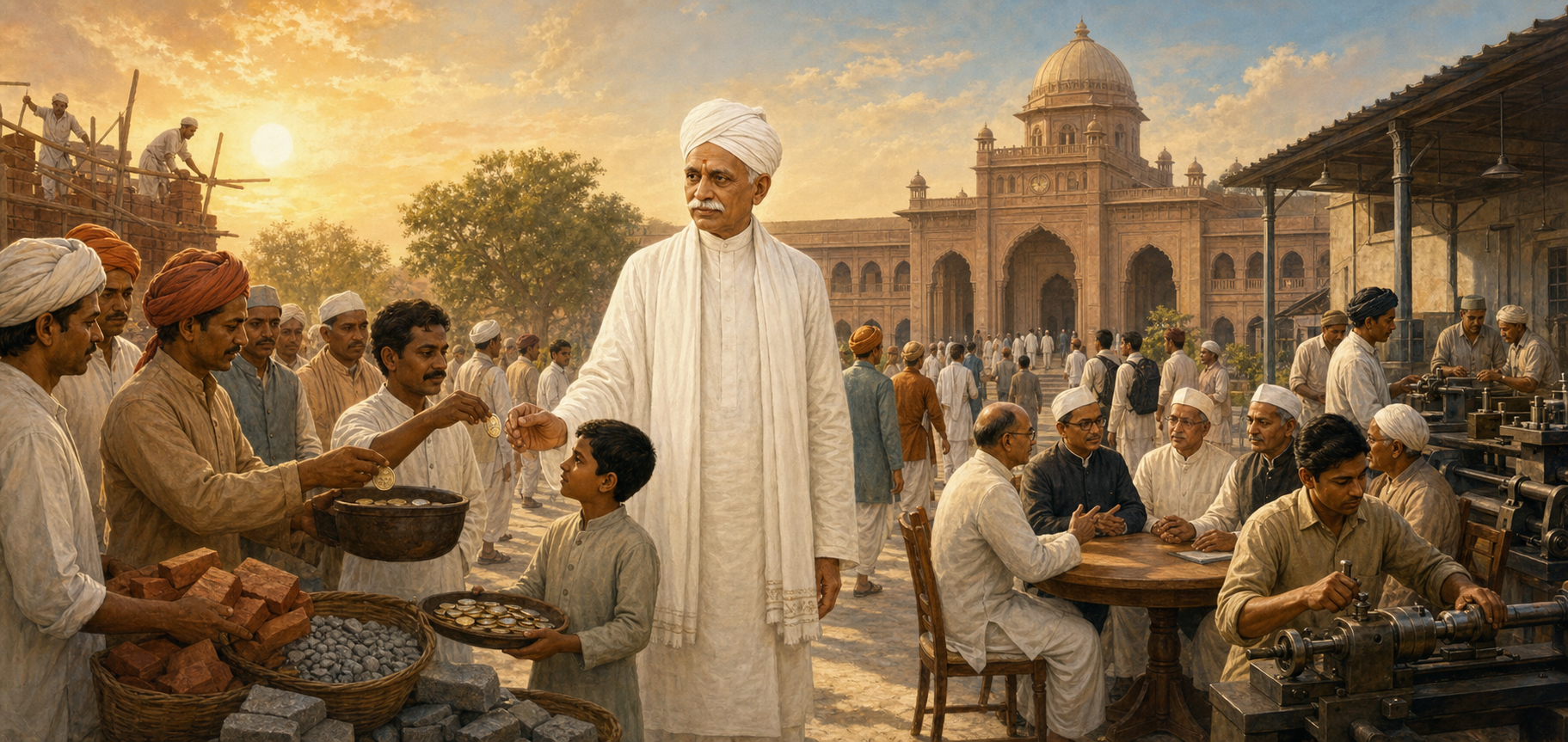 Madan Mohan Malaviya stands amid citizens, students, public representatives, and artisans in a symbolic early twentieth-century nation-building scene.