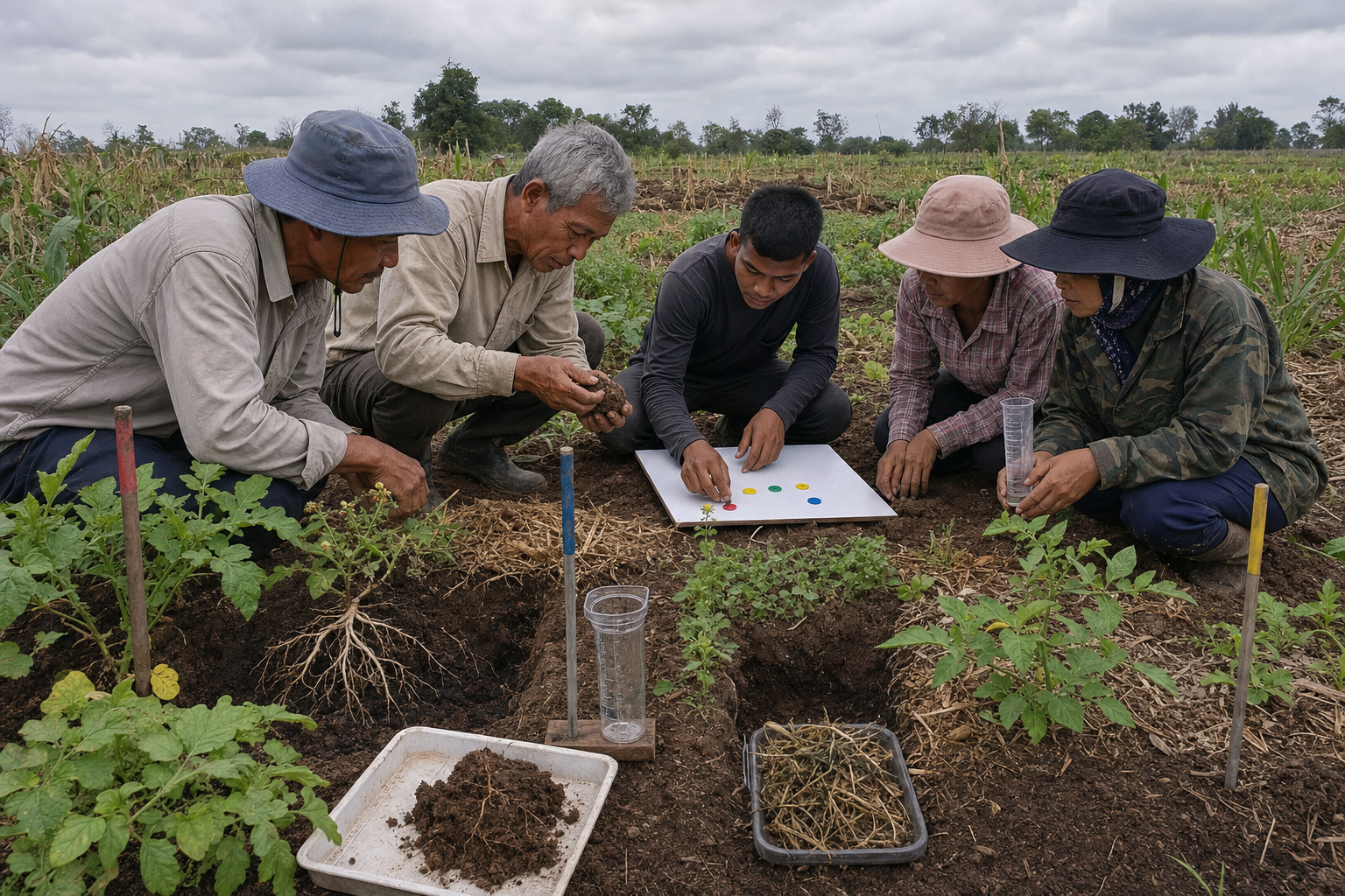 Farmers compare roots, soil, mulch, moisture, and plant growth across neighboring field trial plots using simple measuring tools.