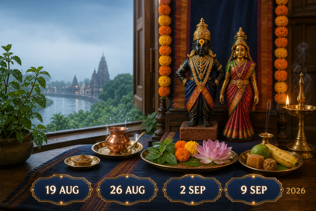 Lord Vitthal and Rakhumai on a home altar with tulsi, flowers, prasad and Shravan Wednesday dates for 2026.