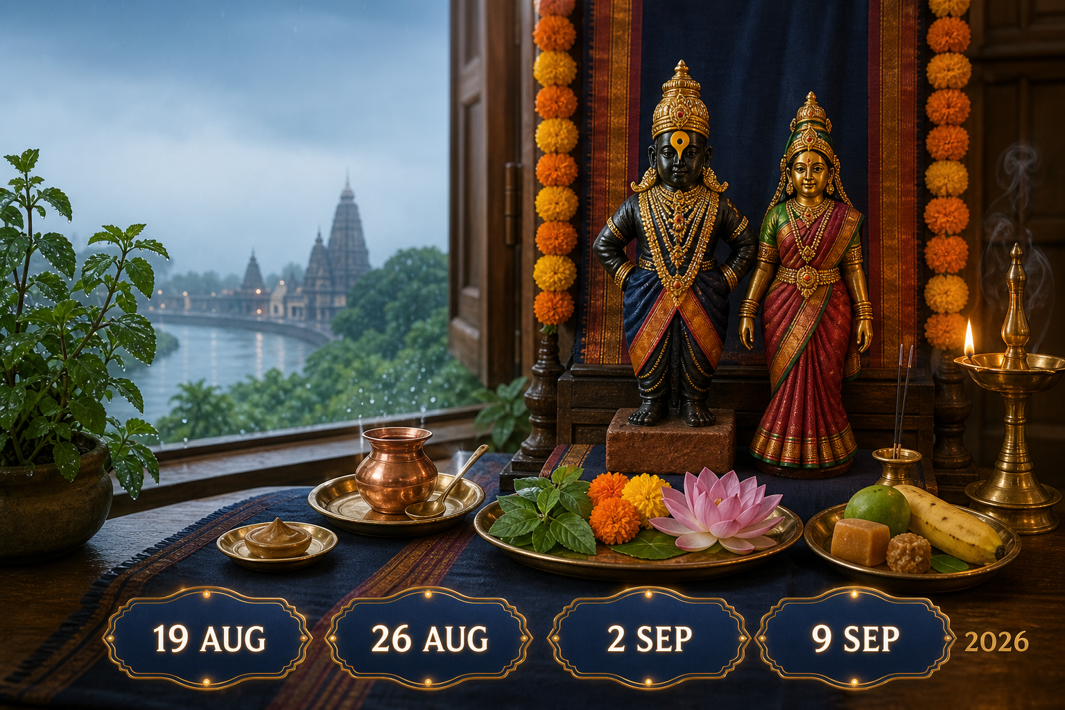 Lord Vitthal and Rakhumai on a home altar with tulsi, flowers, prasad and Shravan Wednesday dates for 2026.
