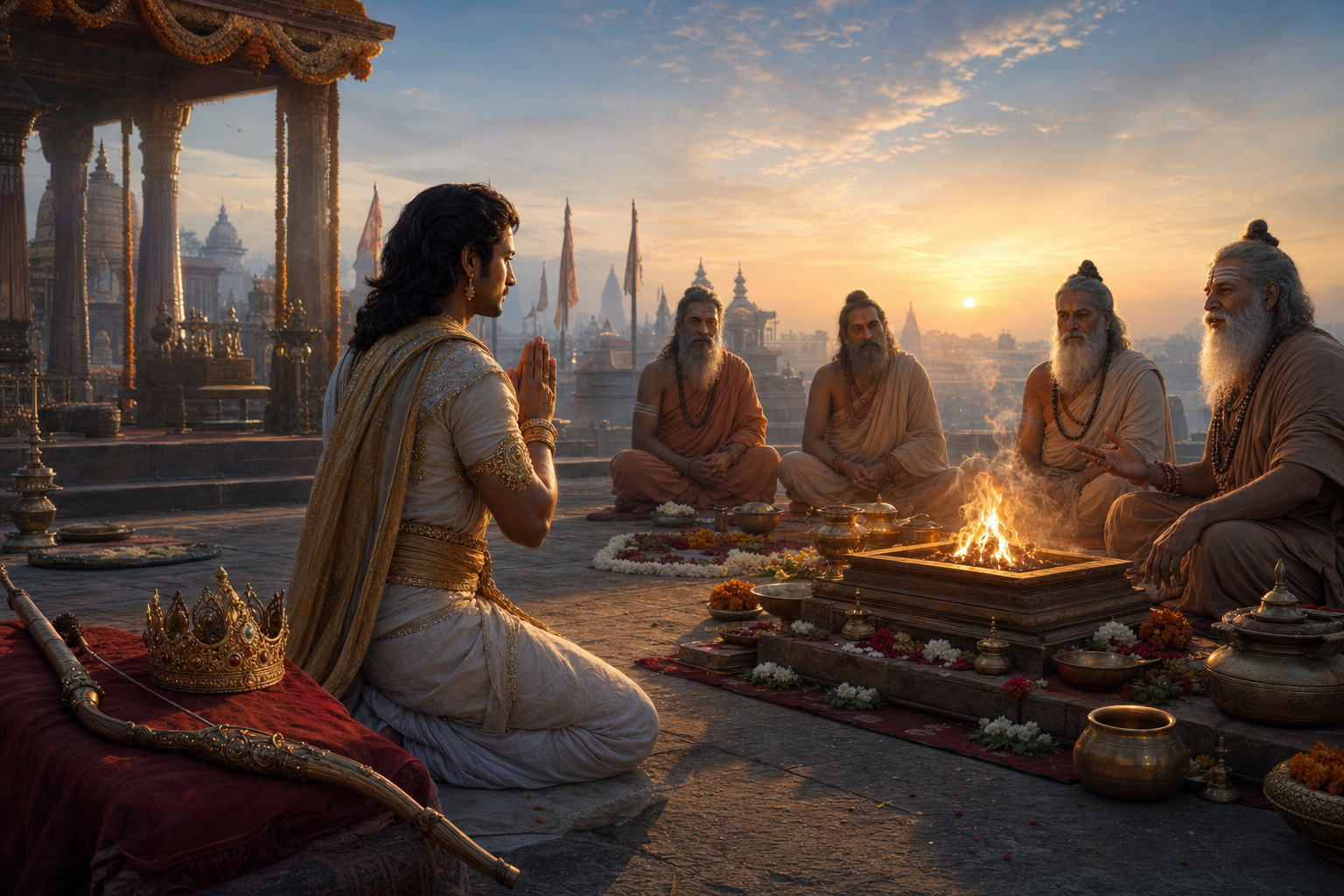 Maharaja Prithu stands with folded hands before sages and a sacred flame while his crown and unused bow rest behind him at a ceremonial ground.