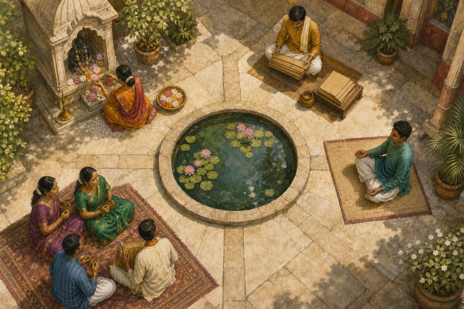 An overhead view of devotees offering flowers, studying, meditating, and making music in separate areas around a courtyard pool.