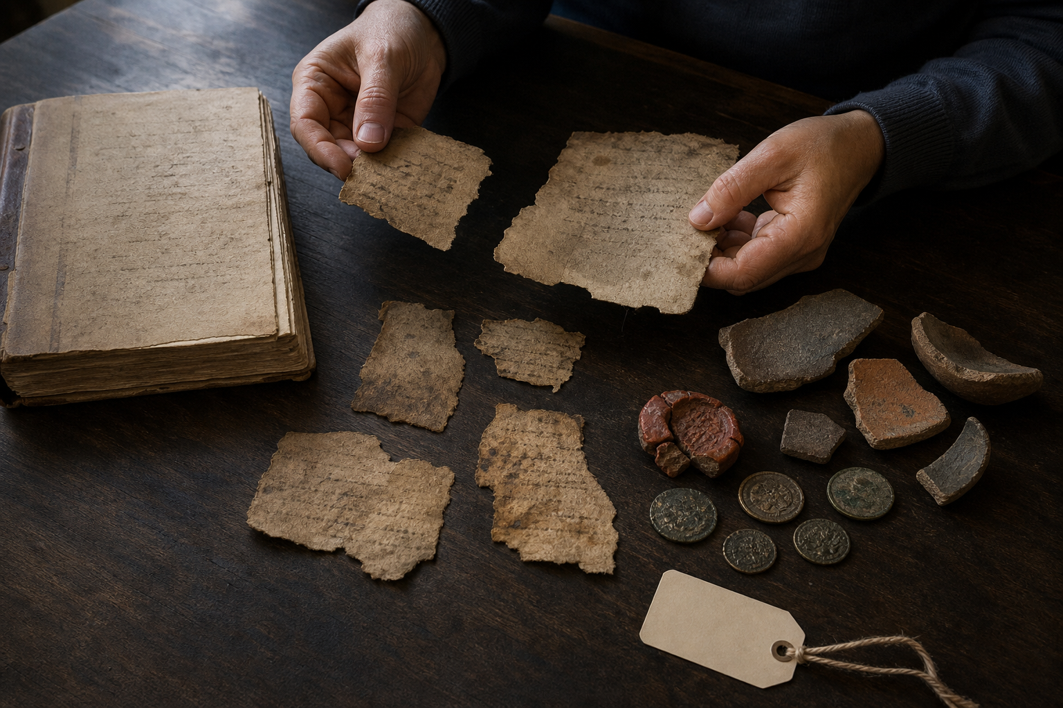 Historian's hands examining fragmented manuscripts, coins, a seal, and pottery on a table with empty spaces between the incomplete evidence.