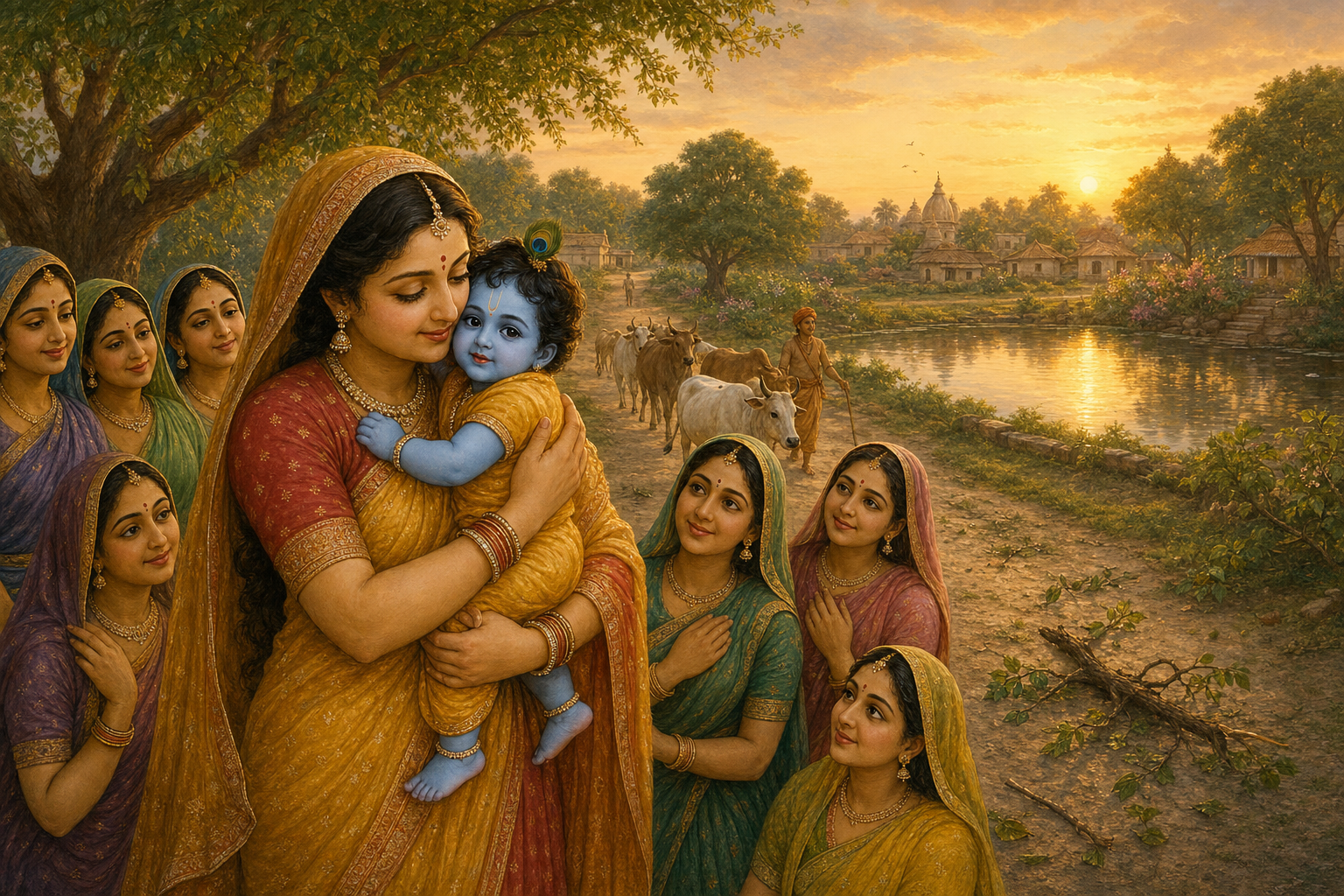 Yasoda carries Krishna through a calm Vraja village as cows and relieved residents return after the whirlwind.