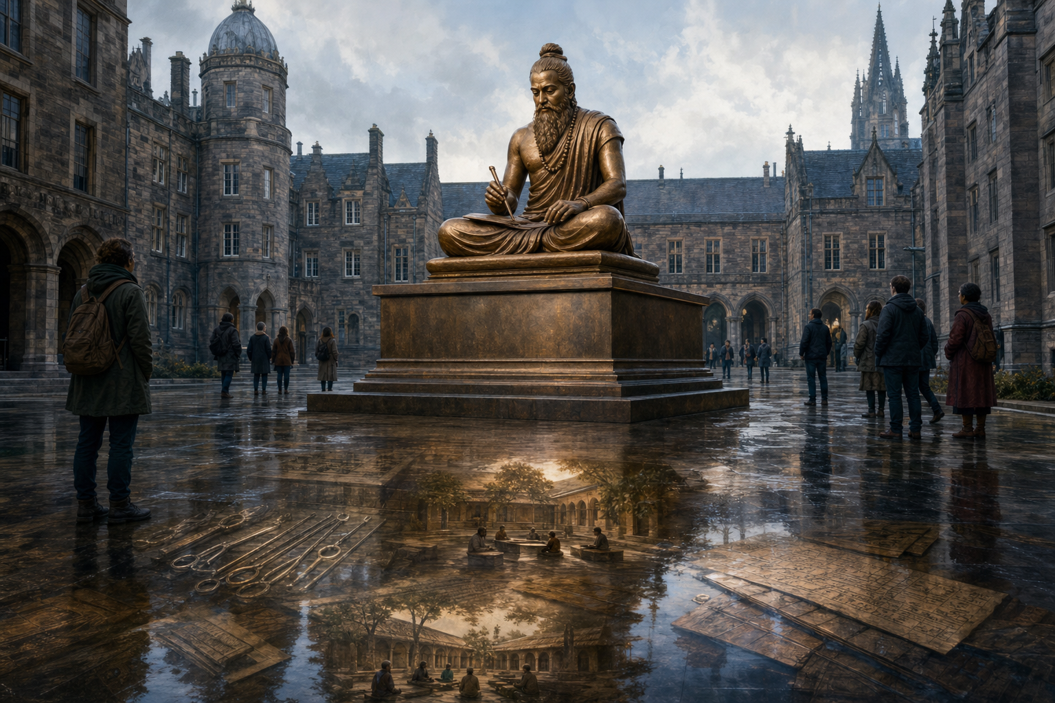 Illustration of a bronze-toned Sushruta statue in an Edinburgh university courtyard, with subtle reflections of an ancient Indian medical teaching scene.