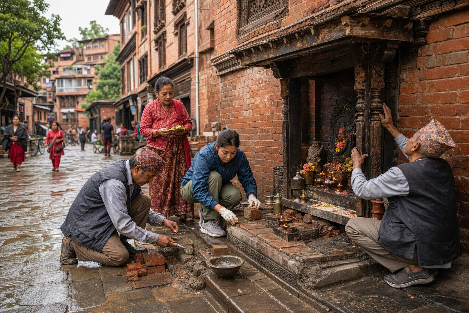 Community custodians and craftspeople repair brickwork, drainage, and a timber canopy around an active neighborhood guardian shrine.