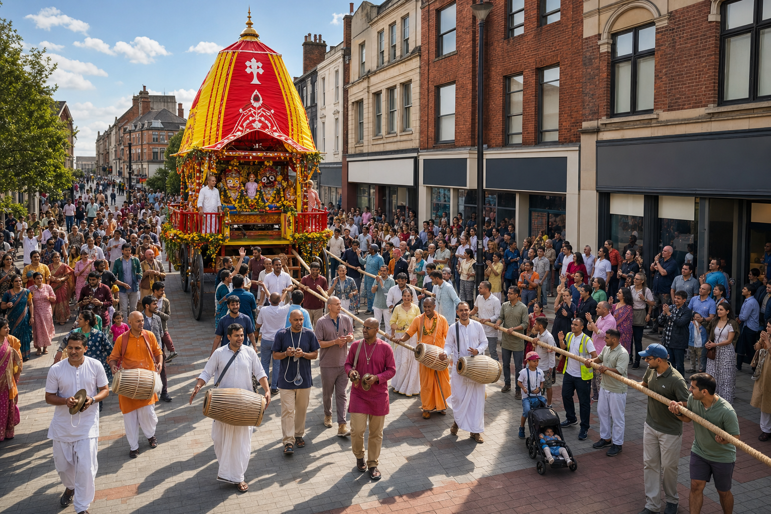 A decorated Rathayatra chariot and singing procession move through a busy pedestrian high street lined with historic buildings.