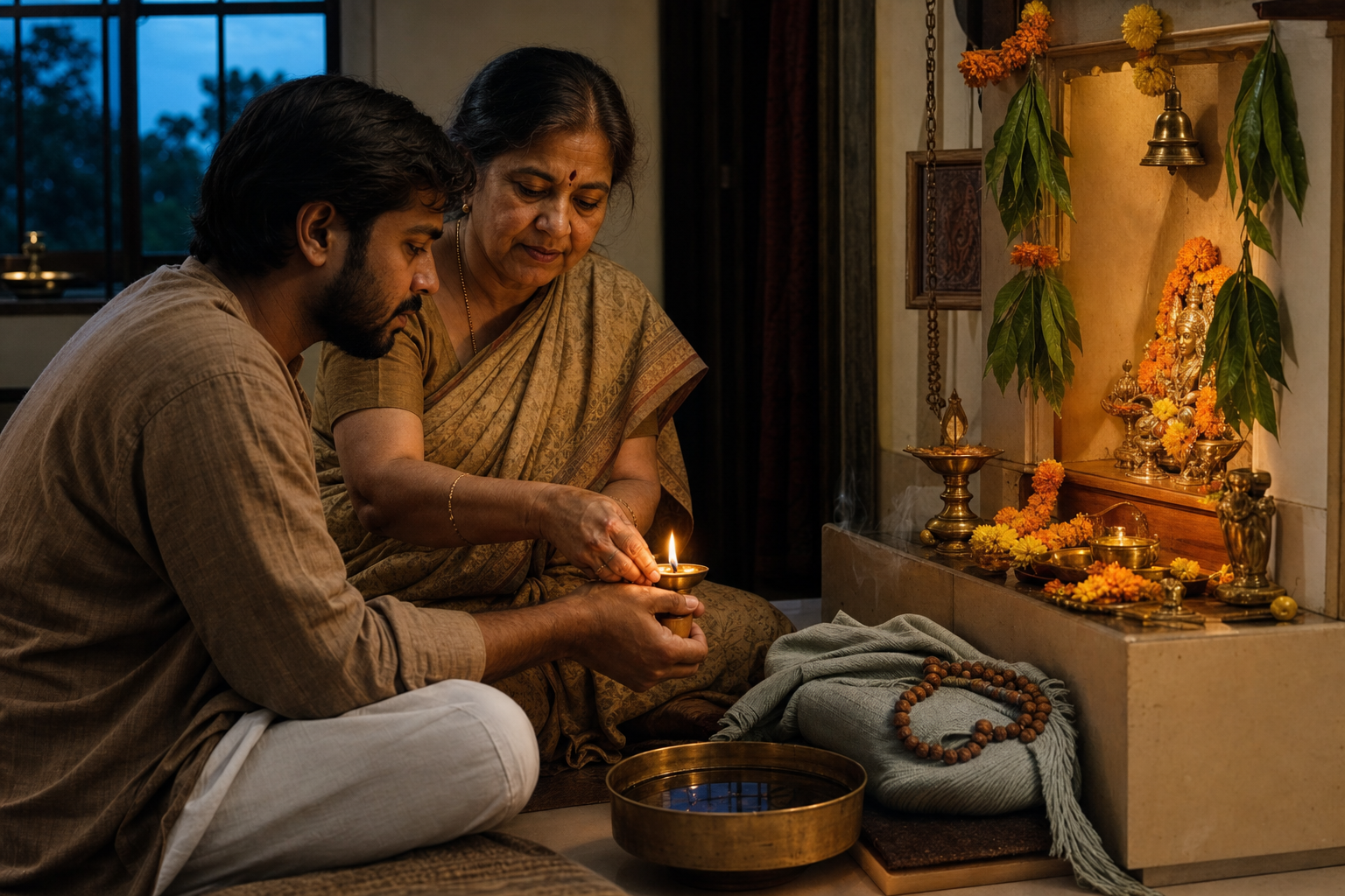 Two family members light a brass oil lamp at a flower-decorated home shrine, with prayer beads and a meditation cloth nearby.