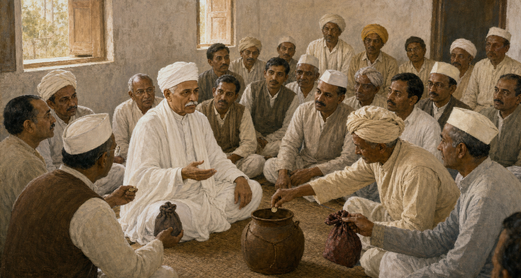 Malaviya moderates a round-table discussion among Indian political leaders in traditional clothing and period suits on a shaded veranda.