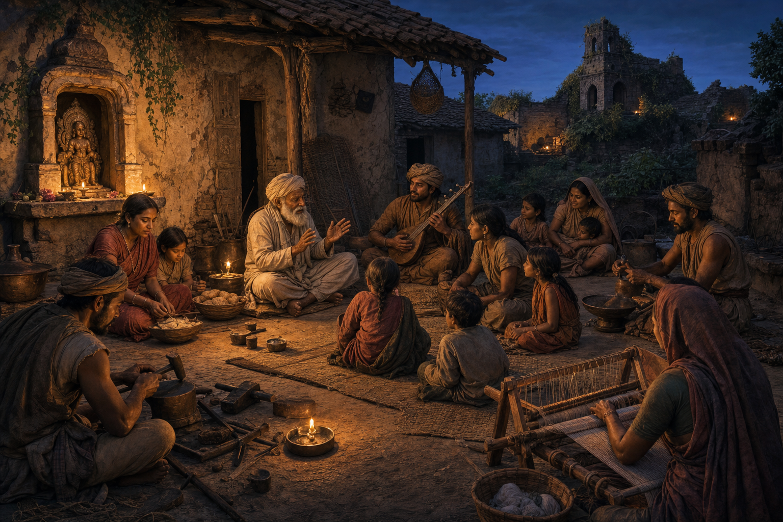 Families, elders, musicians, and artisans gather in a medieval Indian village courtyard to share memory, food, worship, and traditional skills.