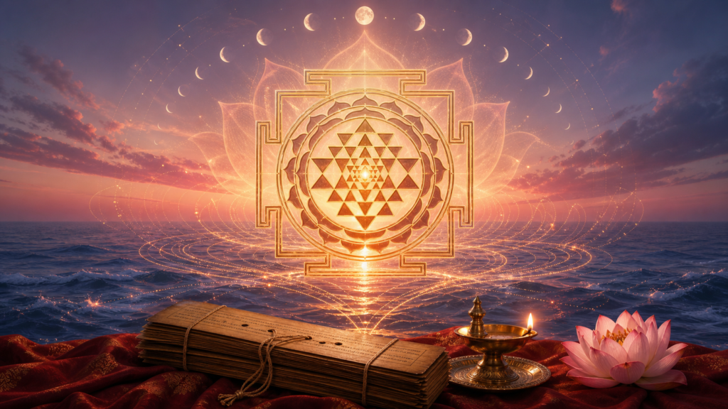 Golden Sri Chakra glowing above an ocean at dawn, with lunar phases, palm-leaf manuscripts, a brass oil lamp, and a pink lotus.
