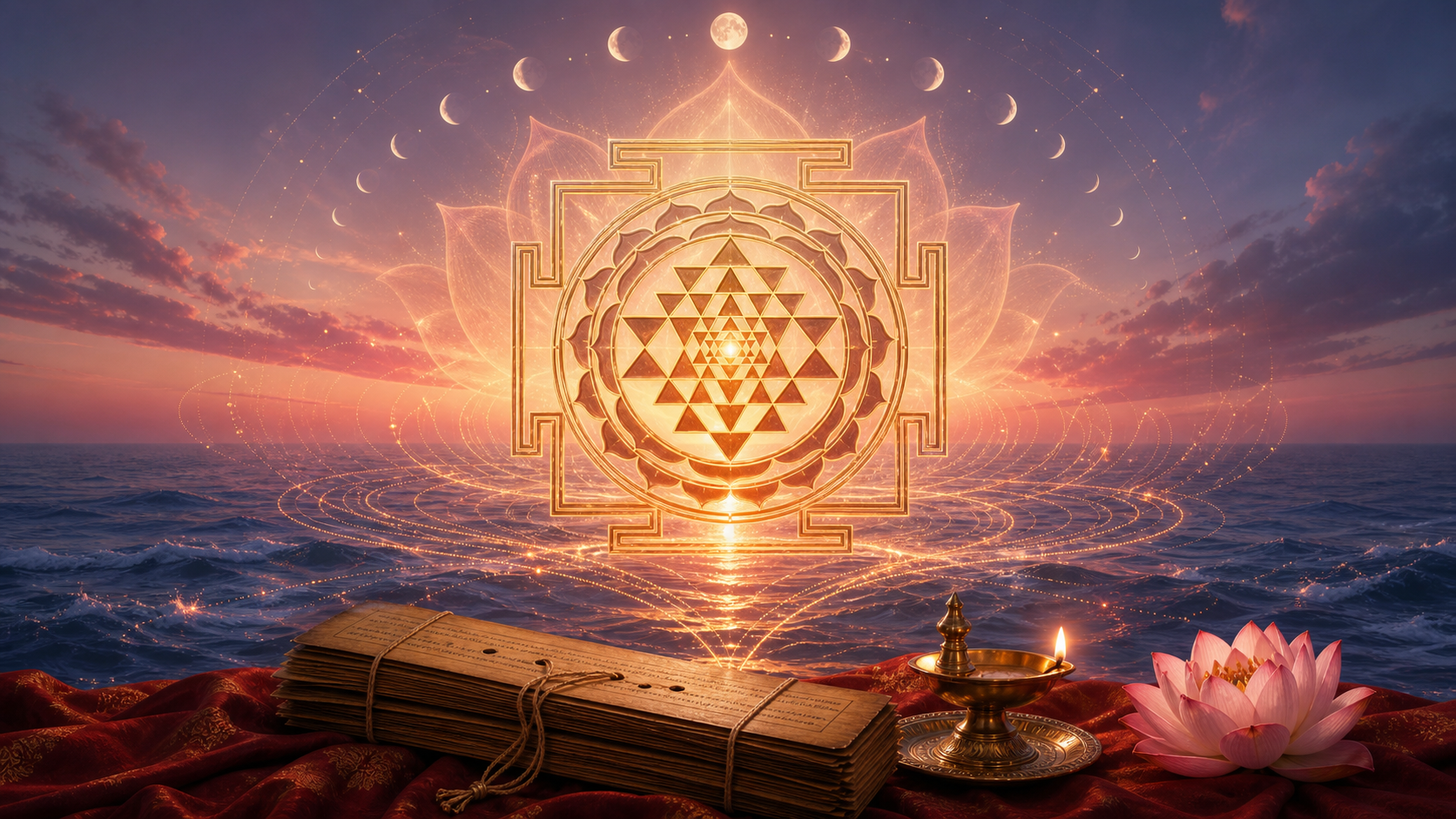 Golden Sri Chakra glowing above an ocean at dawn, with lunar phases, palm-leaf manuscripts, a brass oil lamp, and a pink lotus.