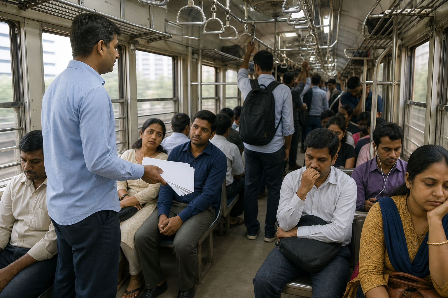 A standing passenger holding blank leaflets speaks to commuters inside a crowded suburban train carriage.