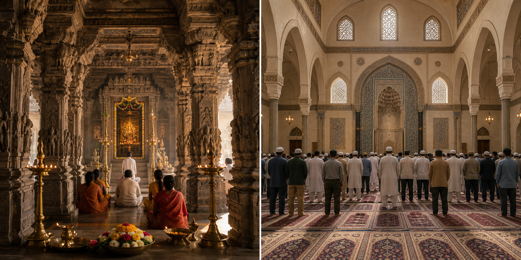 Side-by-side view of a Hindu temple hall facing an illuminated sanctum and a mosque prayer hall facing a mihrab, with worshippers in both spaces.