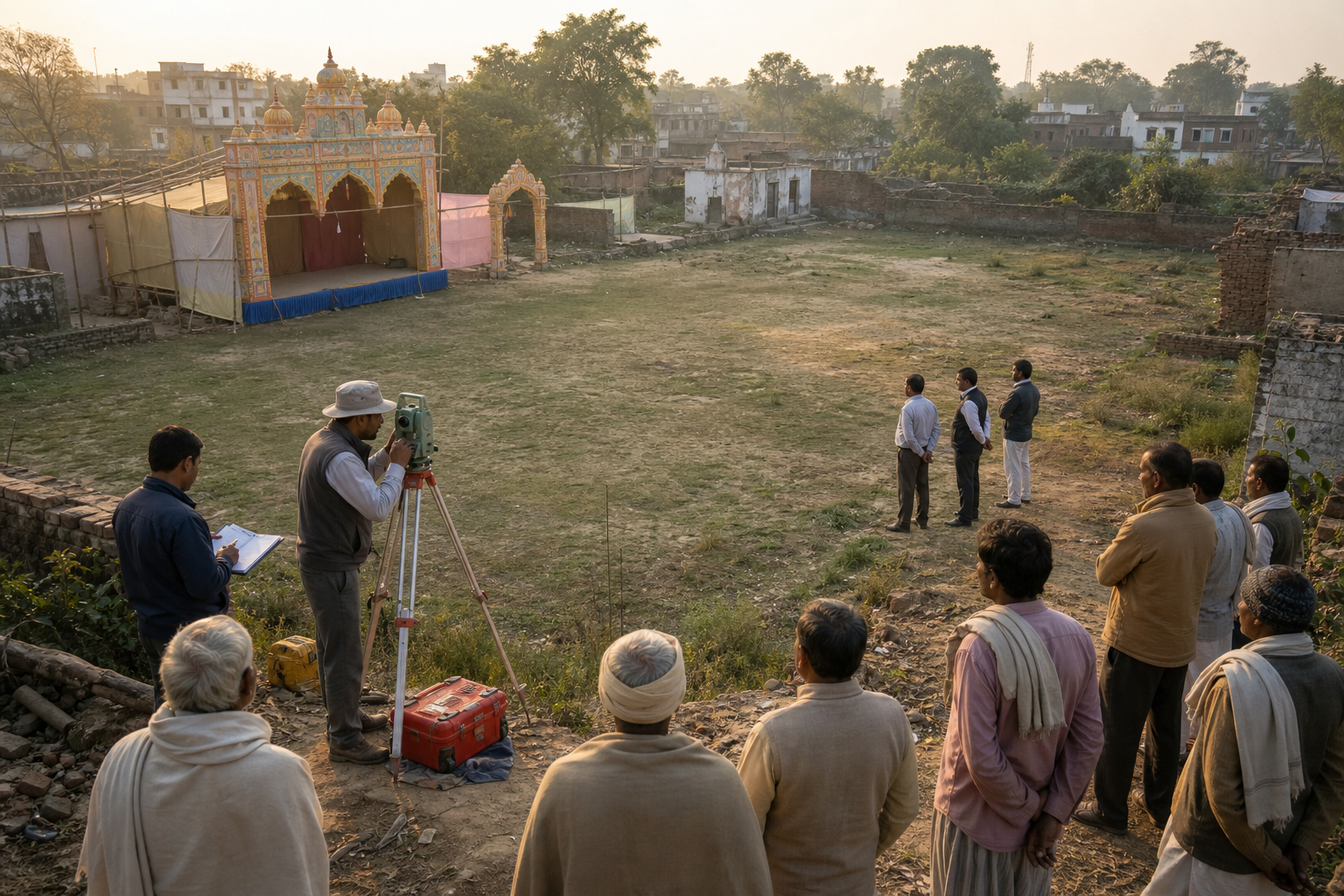 Surveyors, residents, and civic officials gather at the edge of an open community ground with a temporary Ramlila stage and irregular surrounding boundaries.