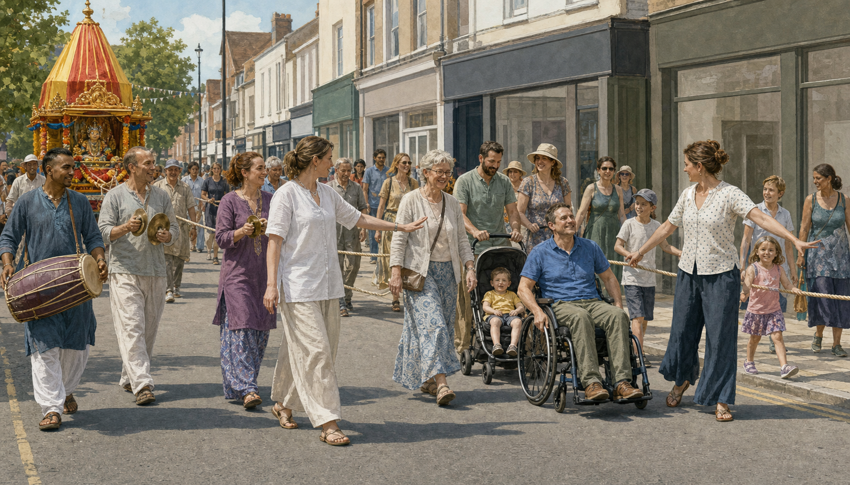 Musicians, volunteer stewards, families, an older adult and a wheelchair user take part in an orderly high street procession.