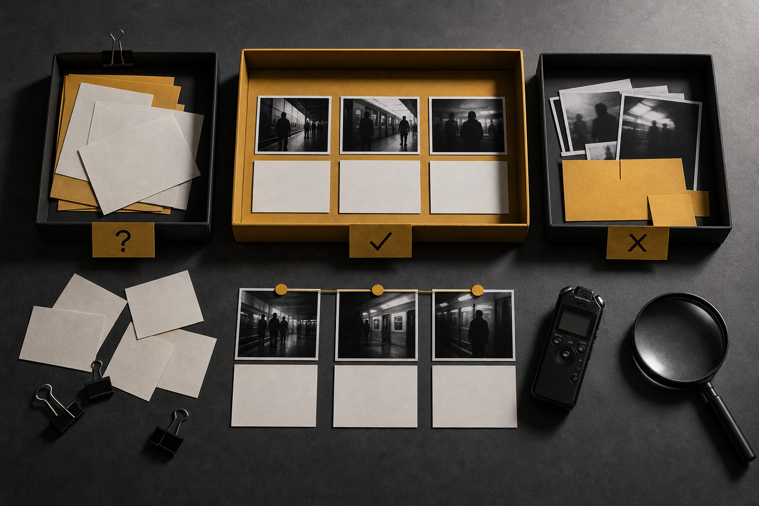 Investigators review indistinct train surveillance images and notes in a railway security office.