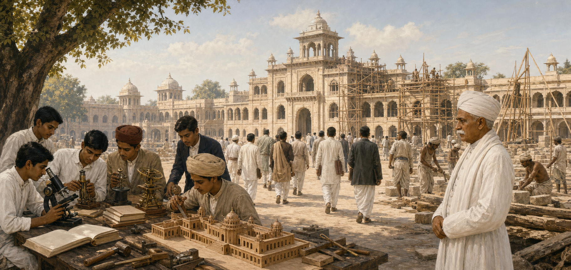 Students study classical subjects, laboratory science, engineering and agriculture across the courtyards and workshops of an early Banaras Hindu University campus.