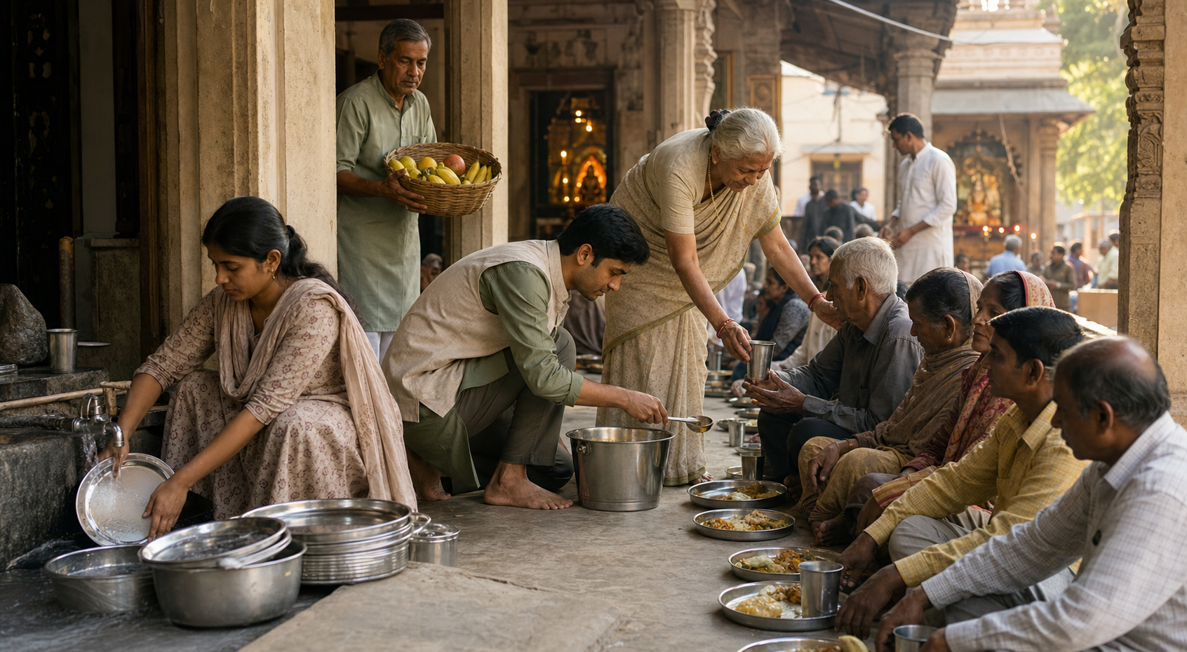 Volunteers serve a vegetarian meal and water to neighbors seated together outside a temple kitchen.