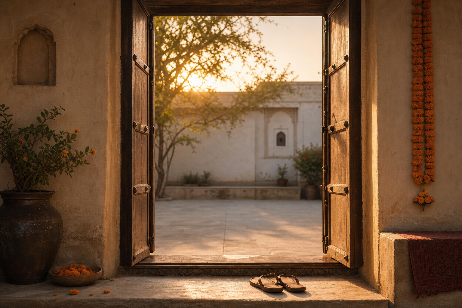 A warmly lit open doorway leads into a quiet courtyard, with a pair of small sandals beside the threshold.