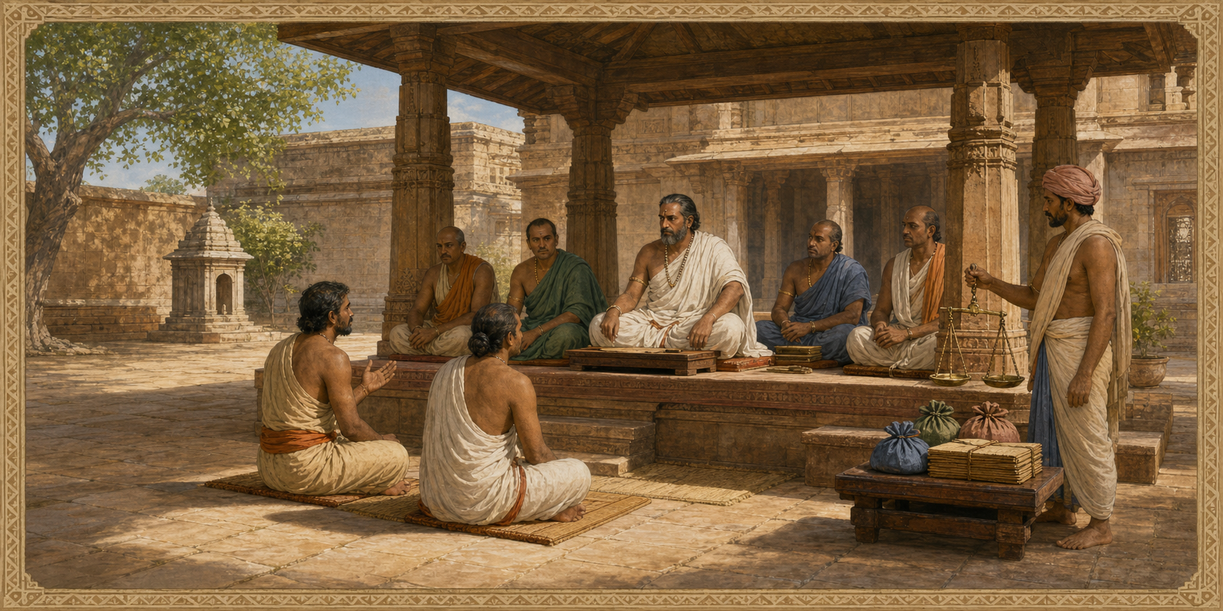 A classical Indian court hears two parties while jurists, a merchant, sealed bundles, a balance scale, and closed palm-leaf folios surround the proceedings.