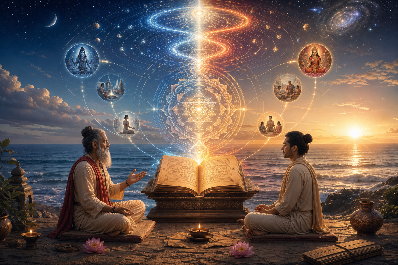 A Hindu spiritual teacher and disciple sit beside an open manuscript as a luminous yantra and blue-gold cosmic currents rise above an ocean at sunrise.