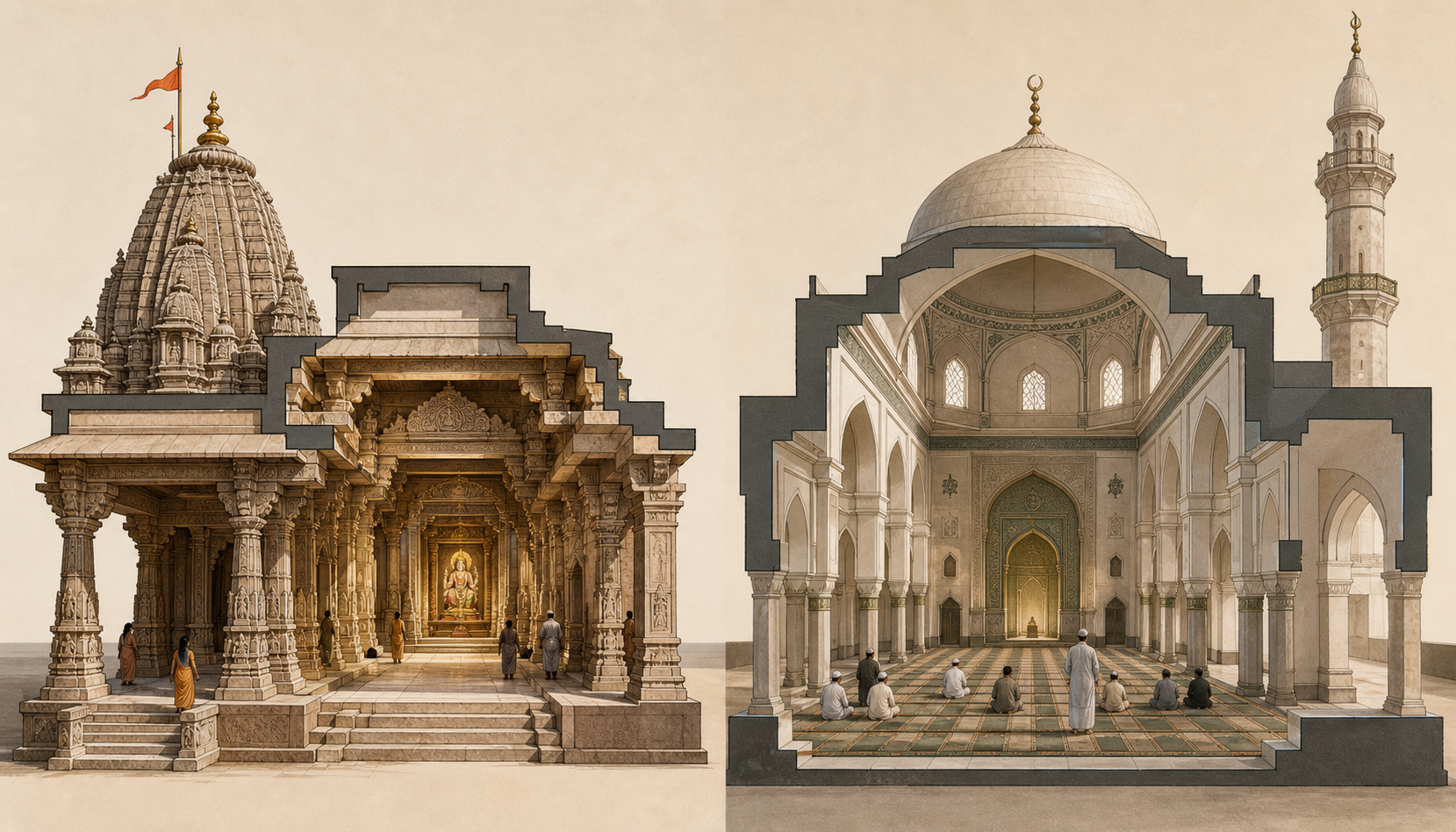 Cutaway views show a Hindu temple organized around an inner sanctum and a mosque prayer hall oriented toward a mihrab.