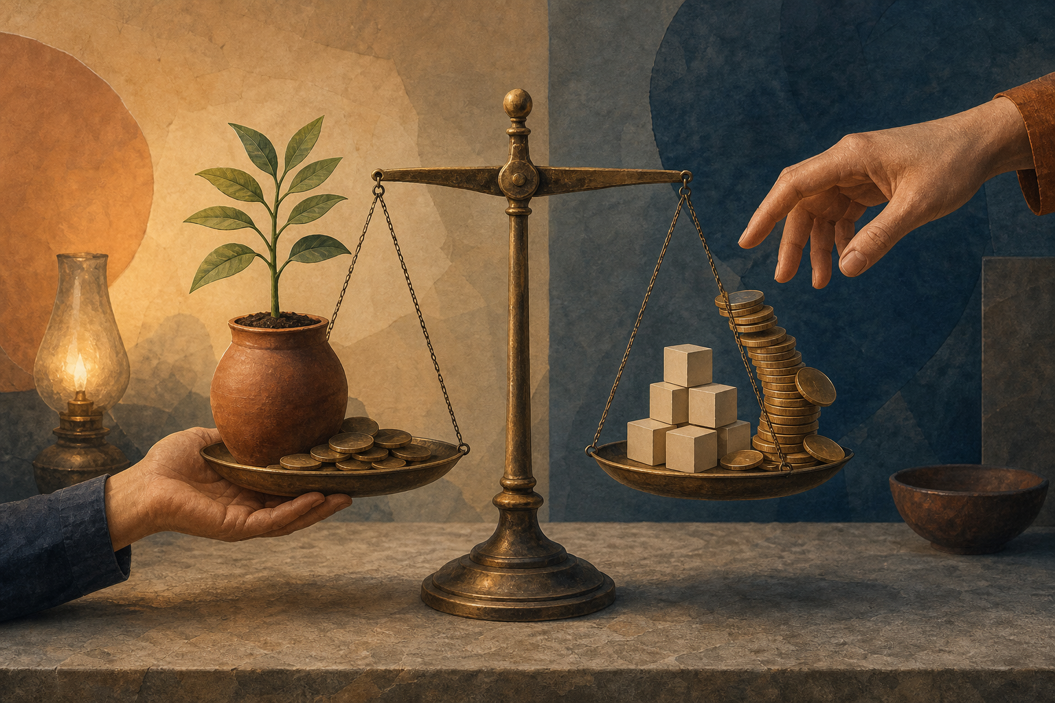 A brass balance holds a potted sapling growing from coins on one side and blank gaming cubes with a tilting coin stack on the other.