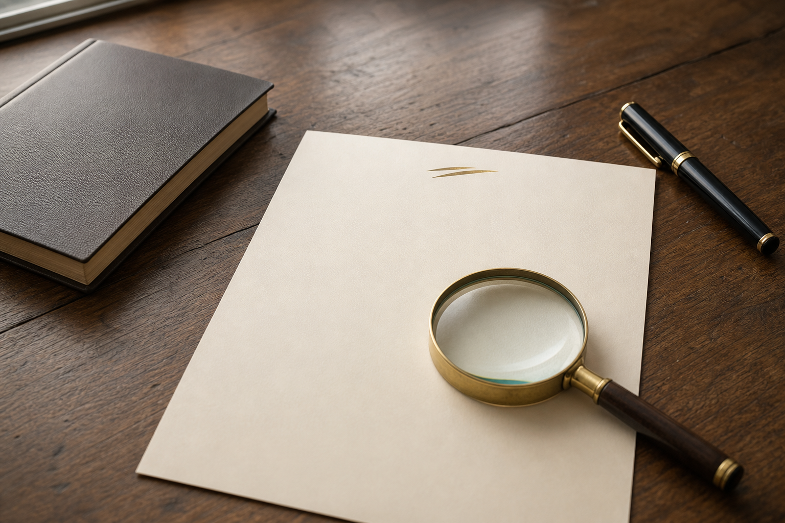 A magnifying glass lies over a nearly blank document beside a closed notebook and capped pen on a wooden desk.
