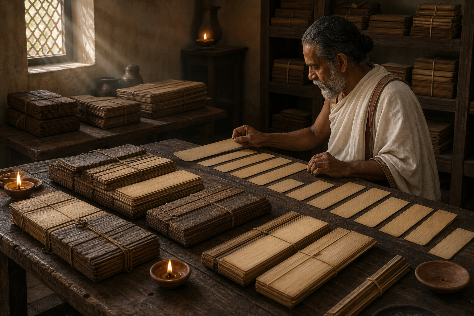 Jurists compare bundles of palm-leaf folios arranged around an empty space for a missing complete manuscript.