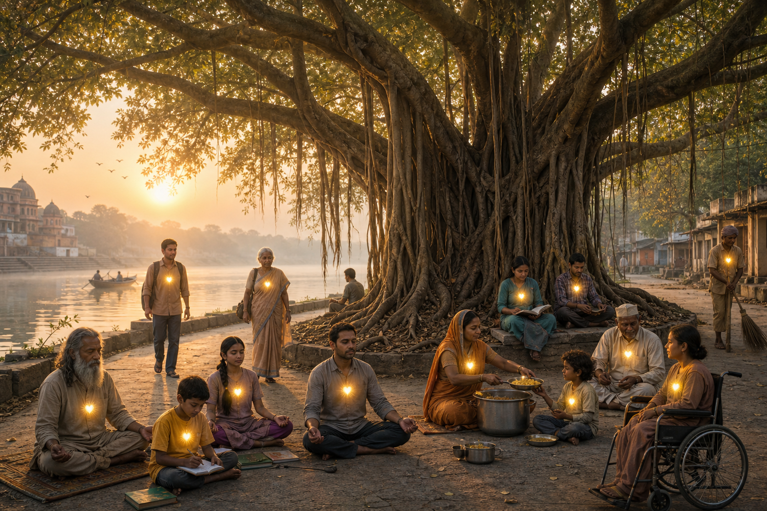 People of varied ages and backgrounds gather beneath a banyan tree beside a river, each with a small golden light at the heart.