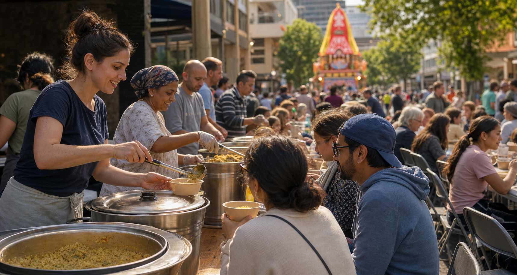 Volunteers serve vegetarian meals to a mixed group of festival participants and local visitors seated at shared tables.