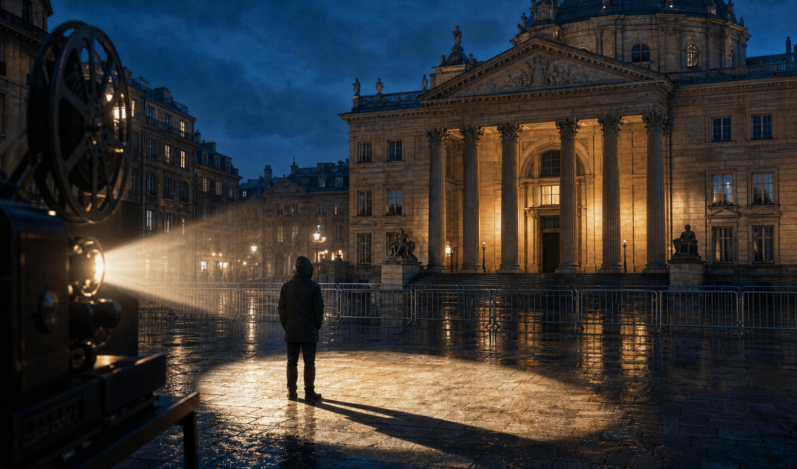 An unarmed person stands in projector light in a rainy European square facing police barriers and an illuminated courthouse.