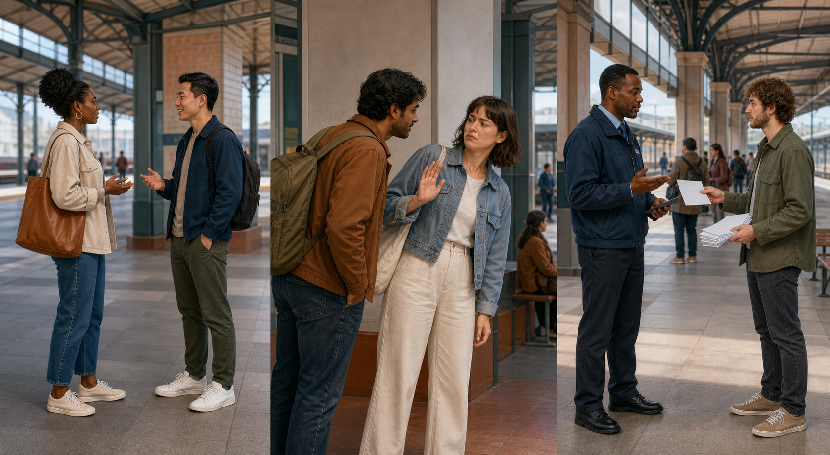 A commuter calmly reports a concern to a transit officer on a busy suburban railway platform.