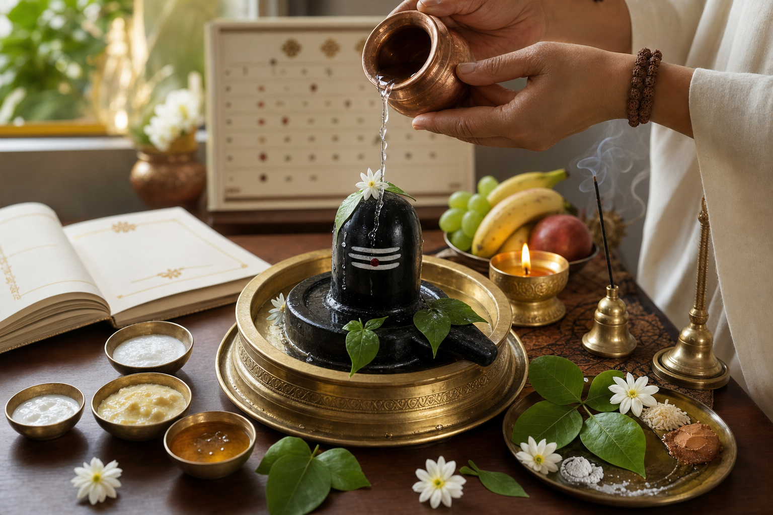 Devotee pours water from a copper vessel over a flower-adorned Shivalinga during a Shravan Somvar home puja.
