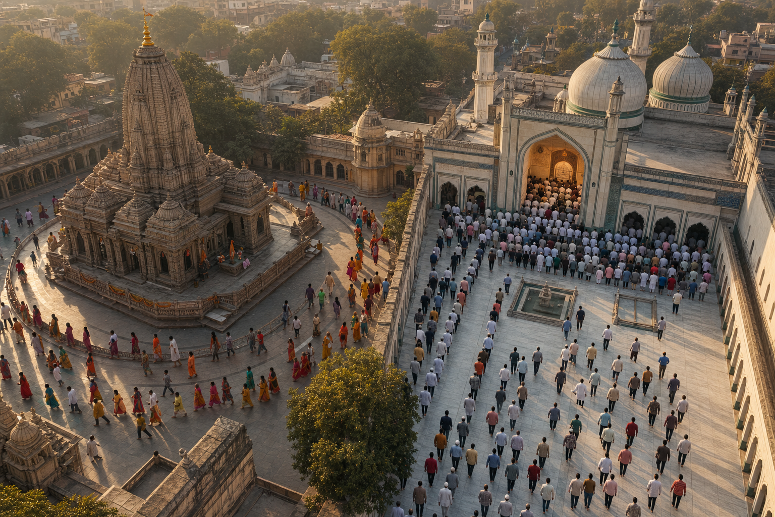 Devotees circumambulate a Hindu temple while worshippers form aligned rows in a mosque prayer hall beside an ablution area.