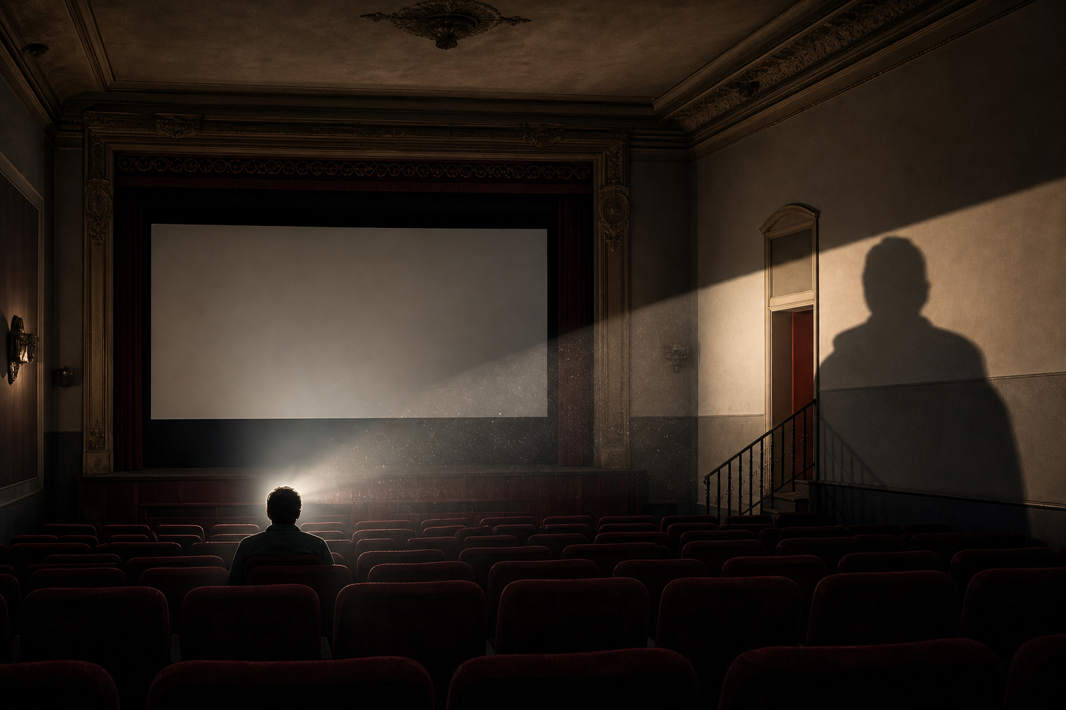 Cinema audience members respond differently to an abstract lone figure projected on a screen, with civic buildings visible beyond the auditorium doors.