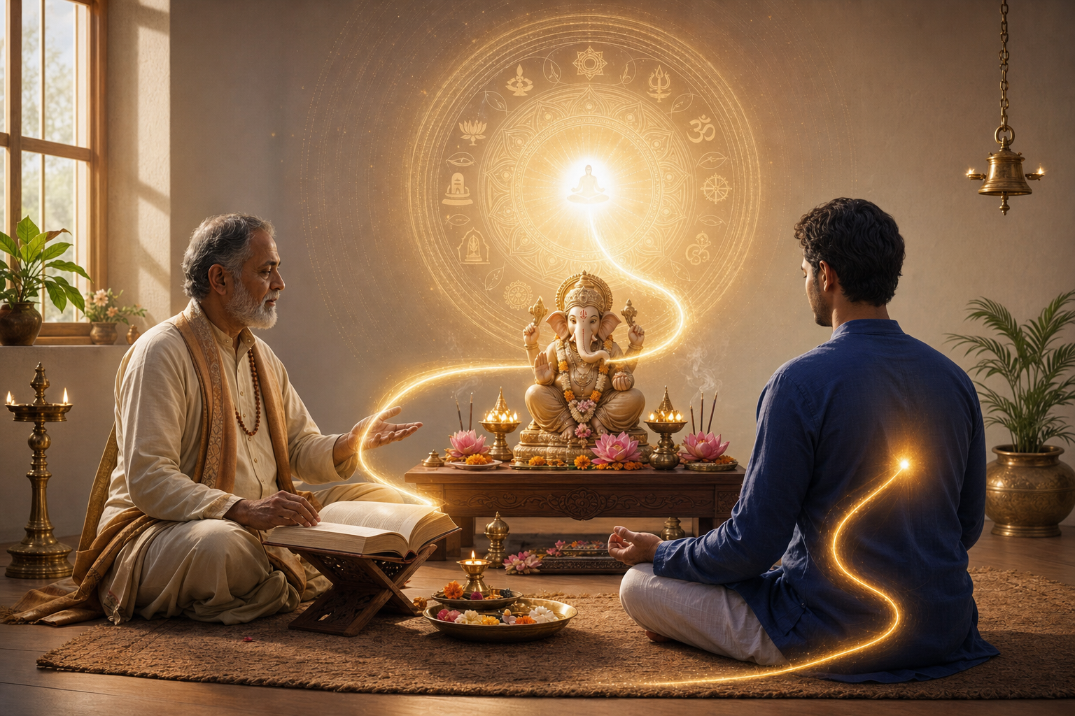 A Hindu spiritual teacher guides a meditating seeker beside a Ganesha puja altar, linked by golden light to a radiant mandala.