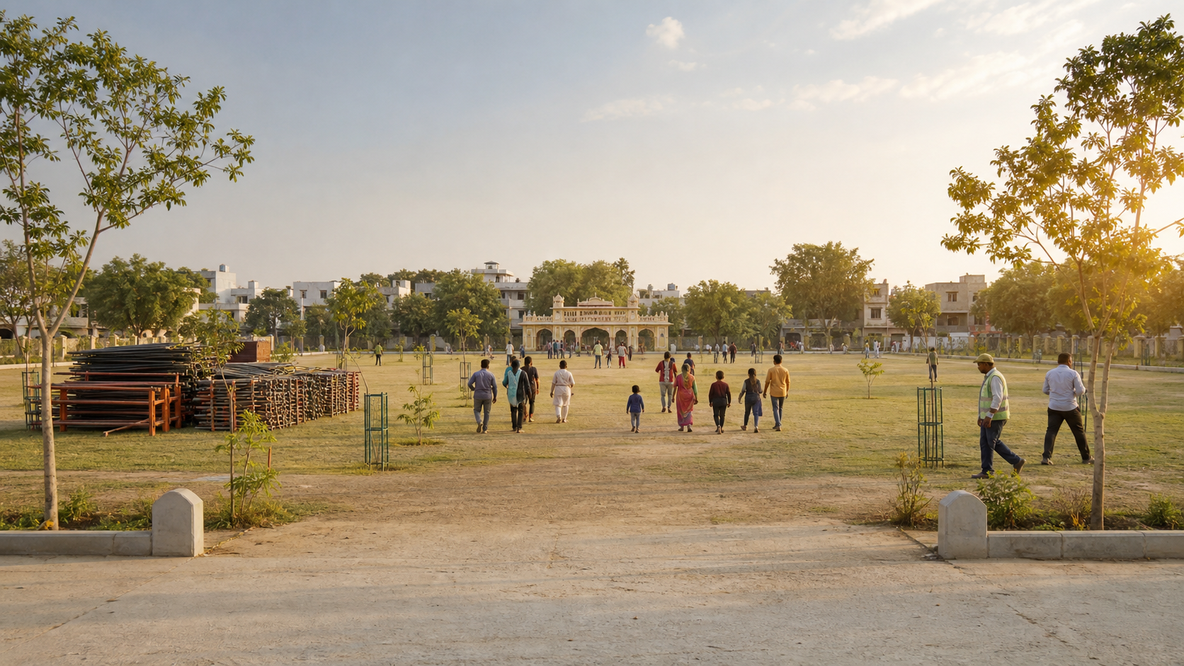 Residents use a maintained public Ramlila ground with clear boundary markers while municipal workers inspect the perimeter.