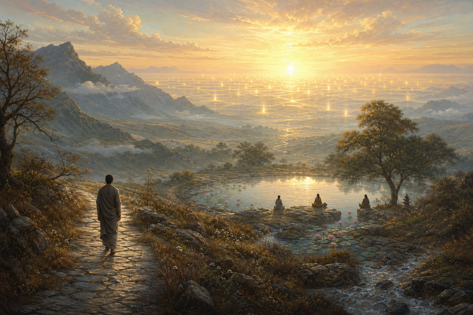 Travelers move through a layered landscape from a winding path and lotus pond toward a broad golden horizon.