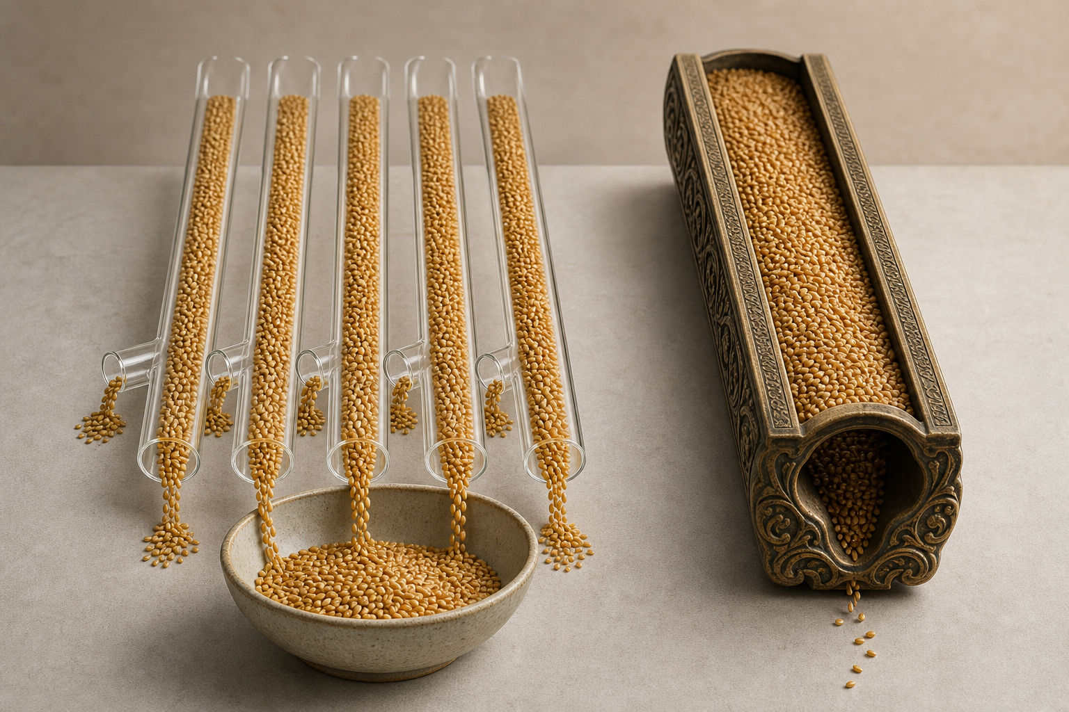 Golden grains pass through transparent channels with some spilling away before the remainder reaches a ceramic bowl.