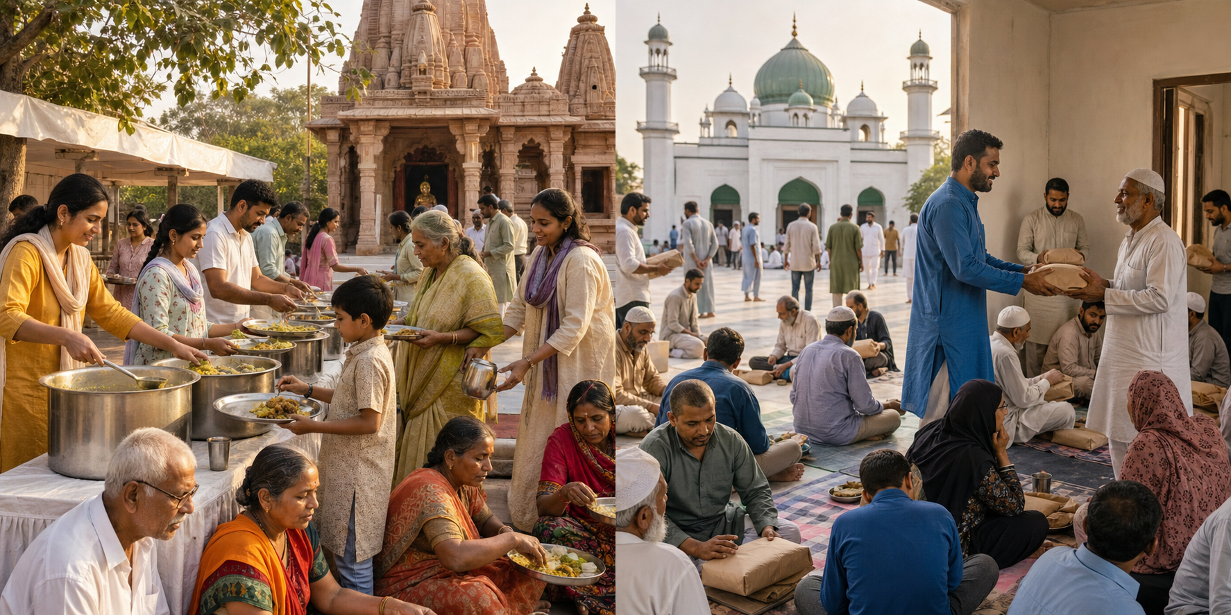 Volunteers serve meals and distribute food to families and older visitors in separate Hindu temple and mosque community spaces.