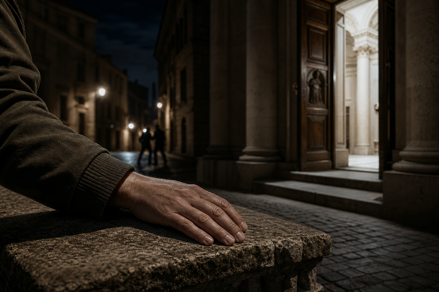 An open civilian hand rests on a stone barrier between a shadowed street and the illuminated doors of a courthouse.