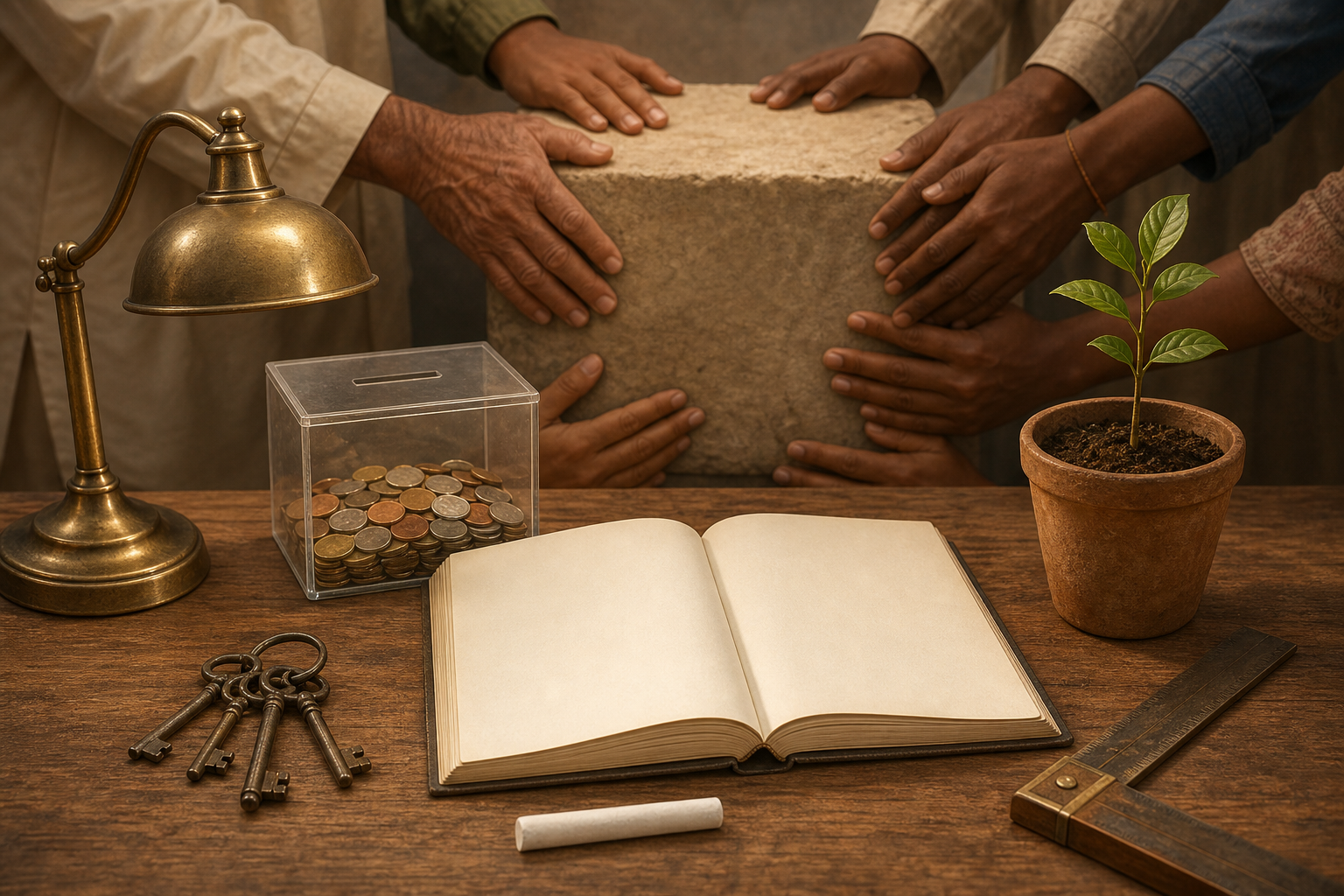 A desk with coins, blank ledger pages, keys, teaching tools and a sapling stands before several hands supporting one foundation stone.