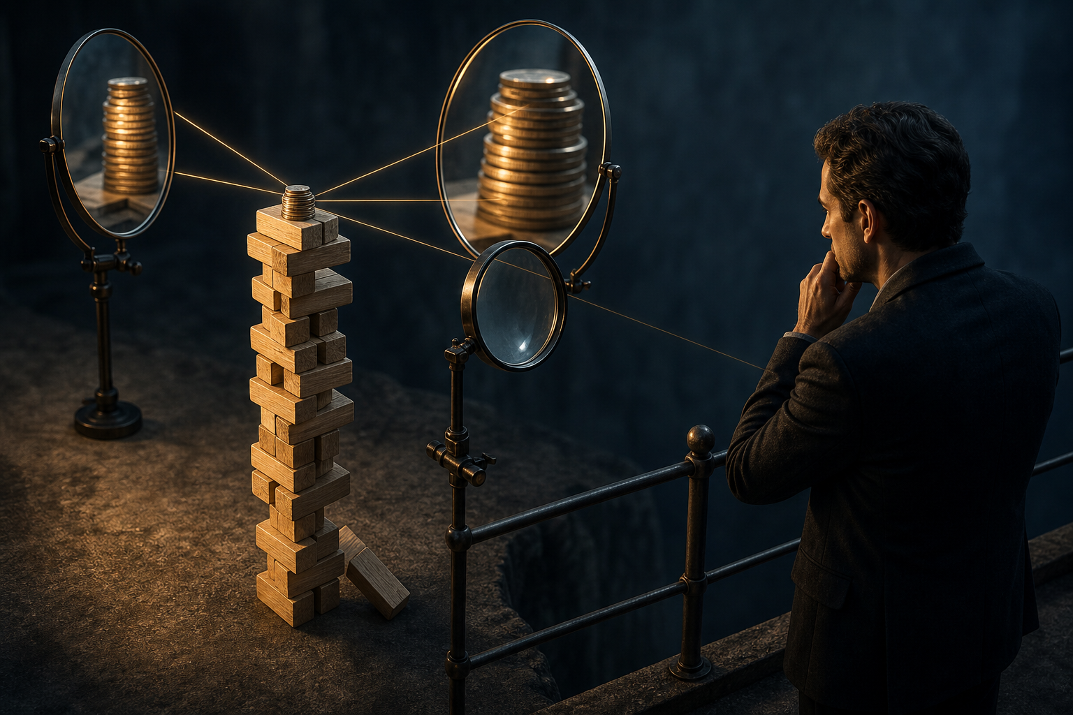 An investor views coins on a precarious block tower through lenses and distorted mirrors beside a steep drop.