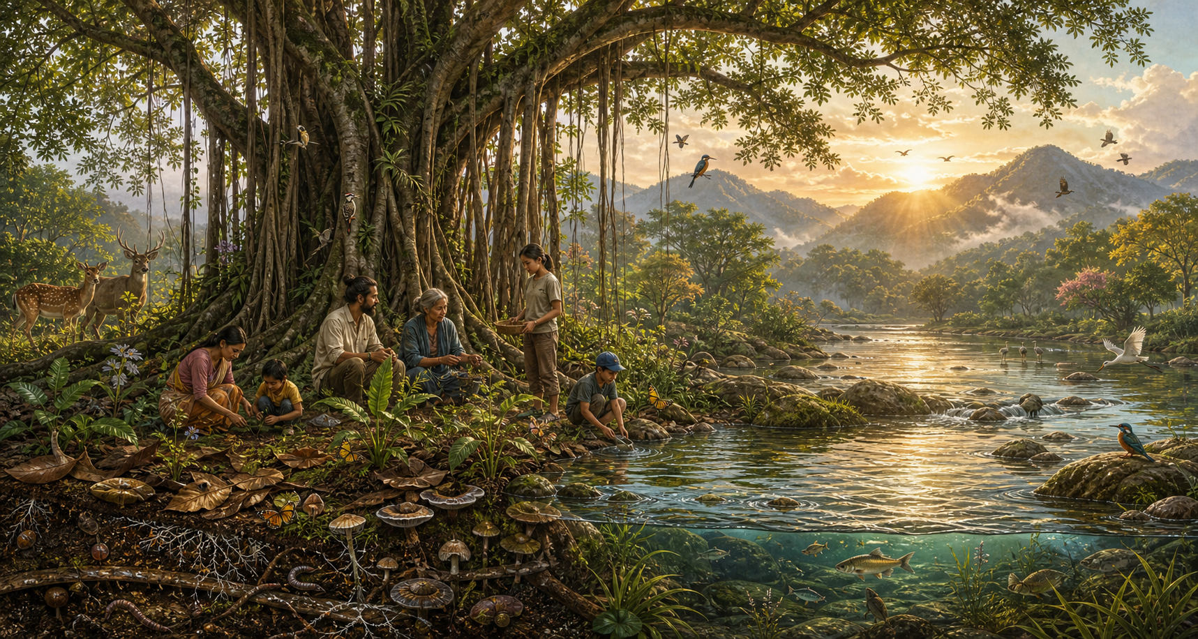 People stand beneath a large tree beside a river, surrounded by animals, plants, mountains, and visible networks of roots and fungi.