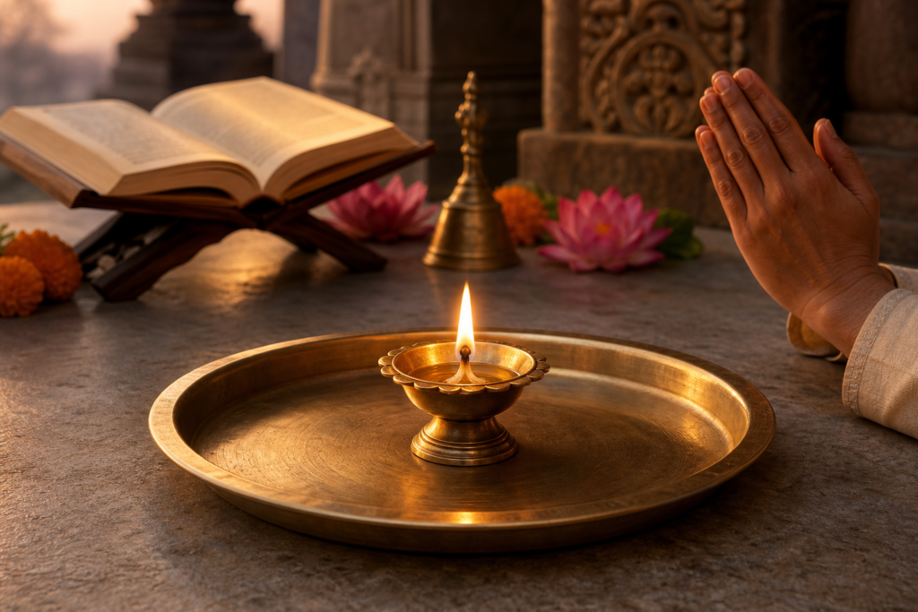 Brass diya burning on a safety plate beside folded prayer hands and an open scripture in a Hindu shrine.