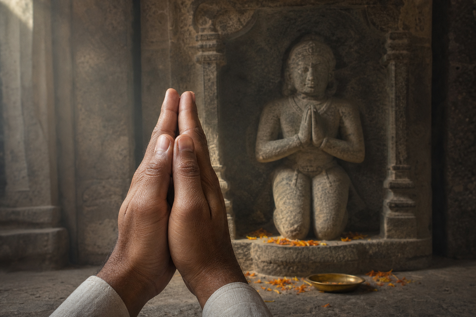 A worshipper holds joined palms before a sandstone carving of a kneeling devotee making the same gesture.