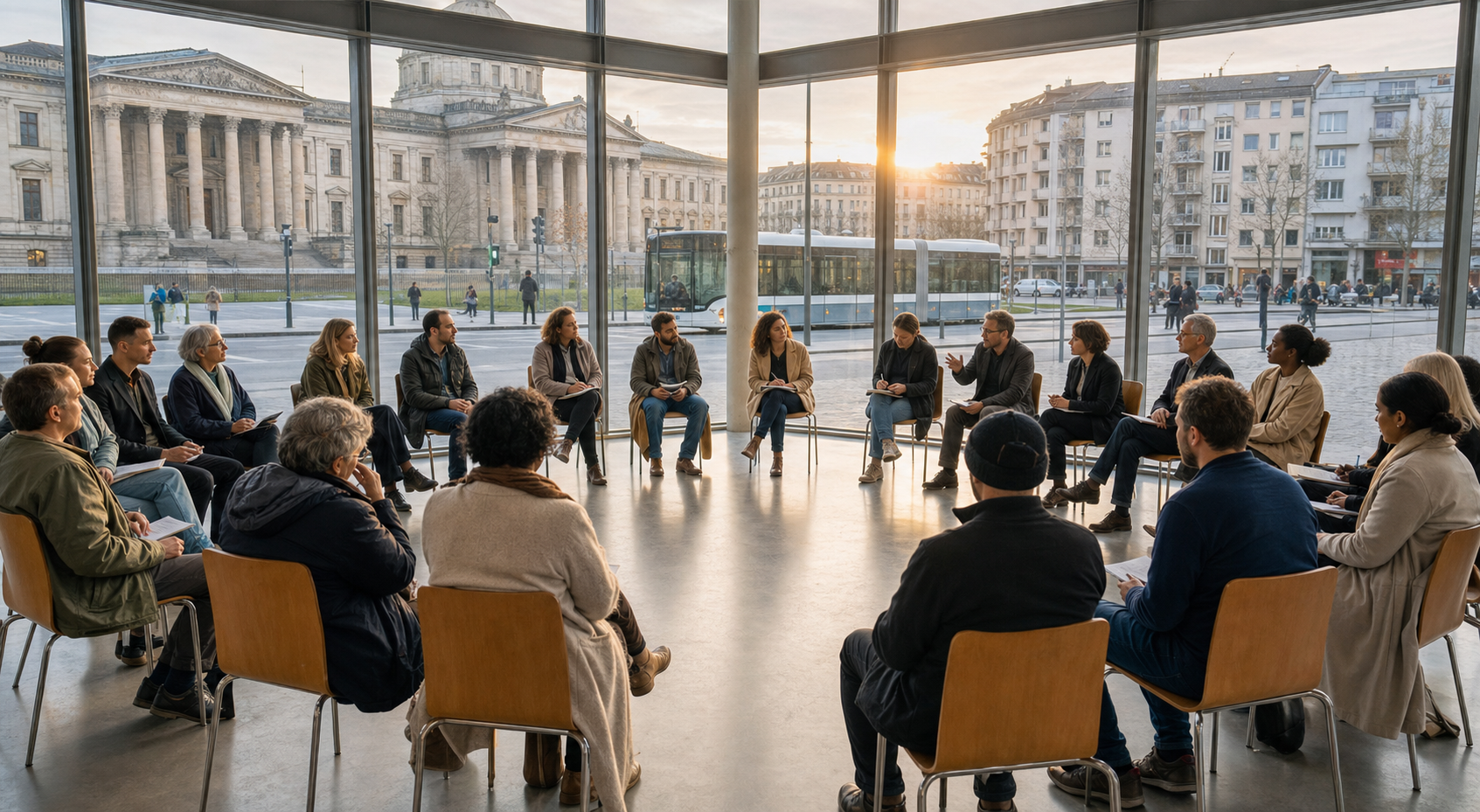 Residents, community workers and public officials sit in a circle inside a glass municipal hall overlooking a European neighborhood at dawn.